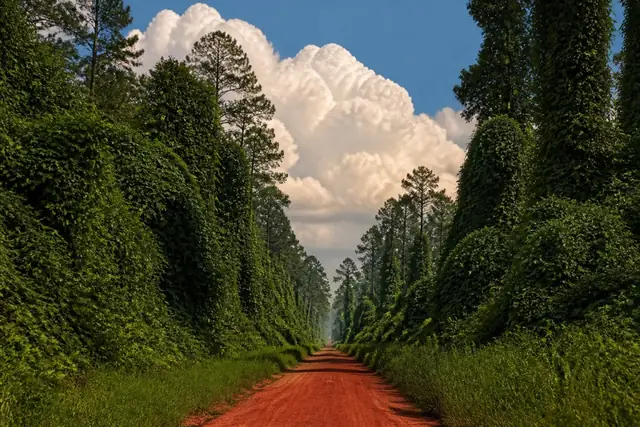 Red-clay Middle Georgia road between pine and vine-covered woodland edges
