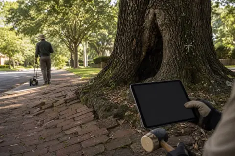 Hands holding a tablet at the root flare of a mature willow oak with a visible cavity