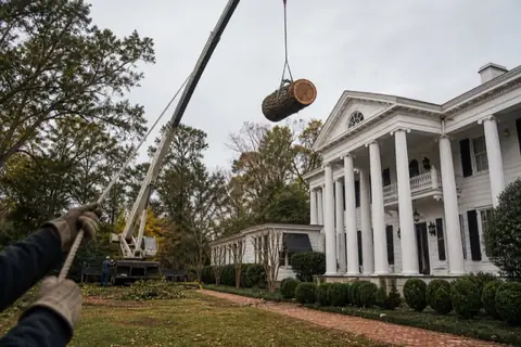 Crane lifting a water-oak trunk section above a large Southern home with a controlled tag line