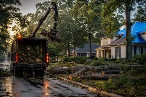 Grapple truck clearing a storm-snapped loblolly pine from a wet Macon driveway at dawn