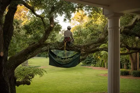 Careful crown cleaning in a massive oak shading a deep Middle Georgia lawn