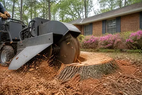 Stump grinder cutting an oak stump while wood chips mix with Georgia red clay